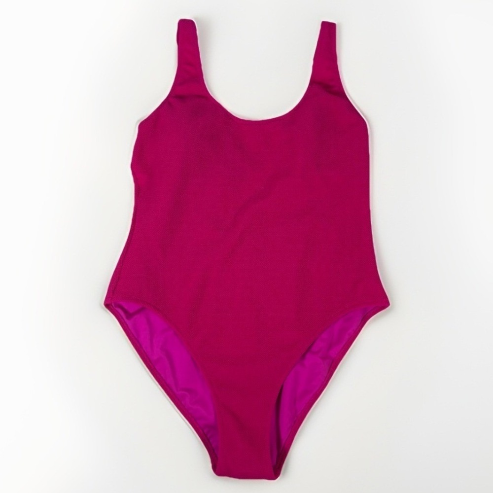 One Piece Scoop Neck Swimsuit Large Deep Pink Textured‎ Low Back Vacation Beach